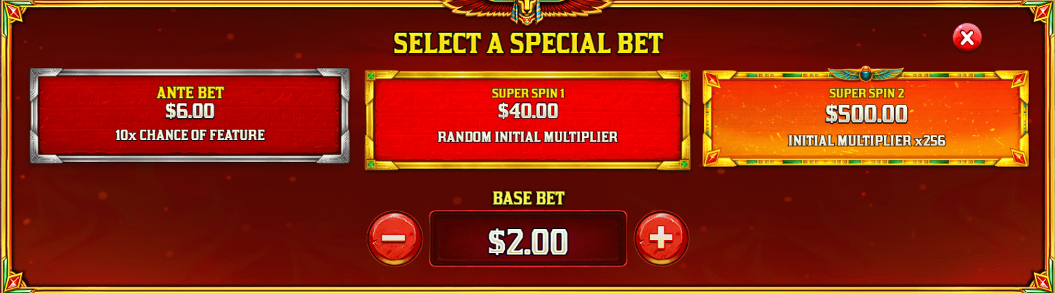 Fury of Anubis Buy Feature menu – 5 options from 100x to 800x bet