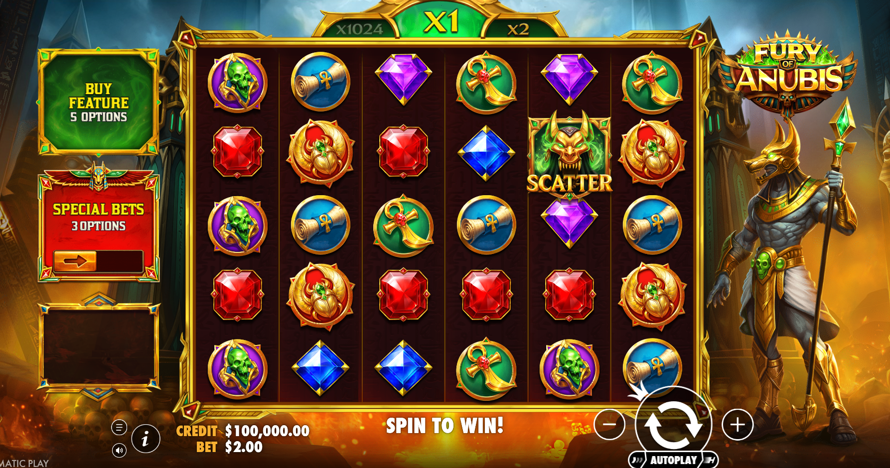 Fury of Anubis slot game grid – 5x6 scatter-pay layout with Golden Scarab, Ankh, Skull and gem symbols